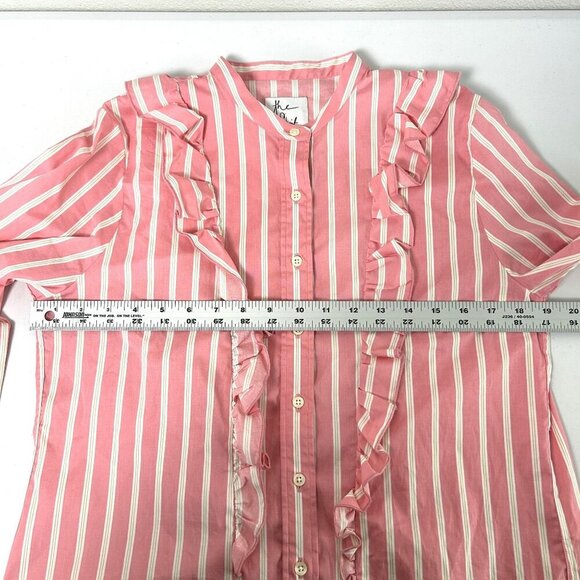 The Shirt Rochelle Behrens Button Up Ruffle Size M Pink Striped Long Sleeves - Picture 7 of 10